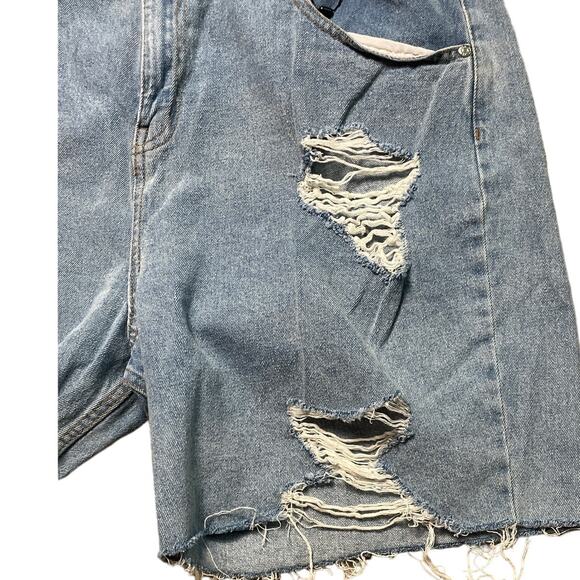 PrettyLittleThing Medium Wash Long Length Cut-off Distressed Jean Shorts Size 14 - Picture 4 of 6